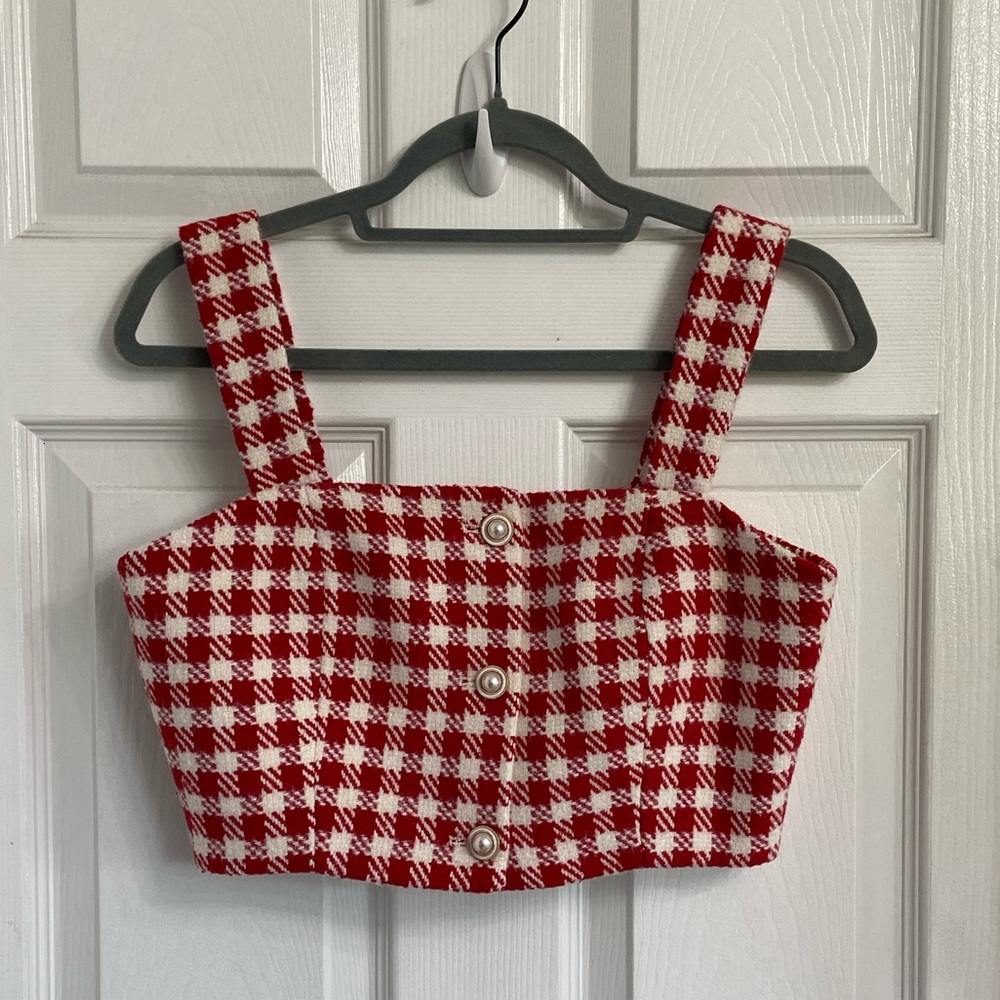 Since Then Cropped Gingham Tank Top Red & White Medium Button Front